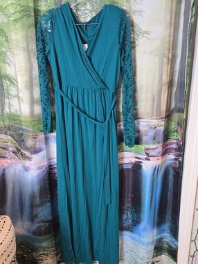 Wrap Maxi Dress with Lace Long Sleeves in Teal